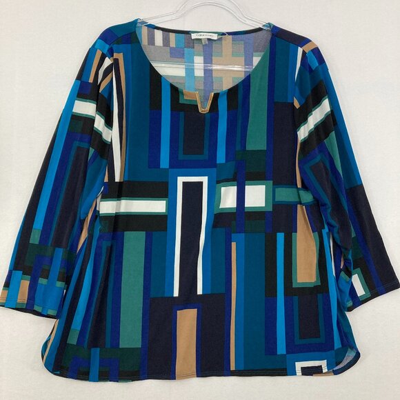 Calvin Klein size XL Blue Abstract Geometric Stretch Knit Pull-over Top Office - Picture 1 of 9